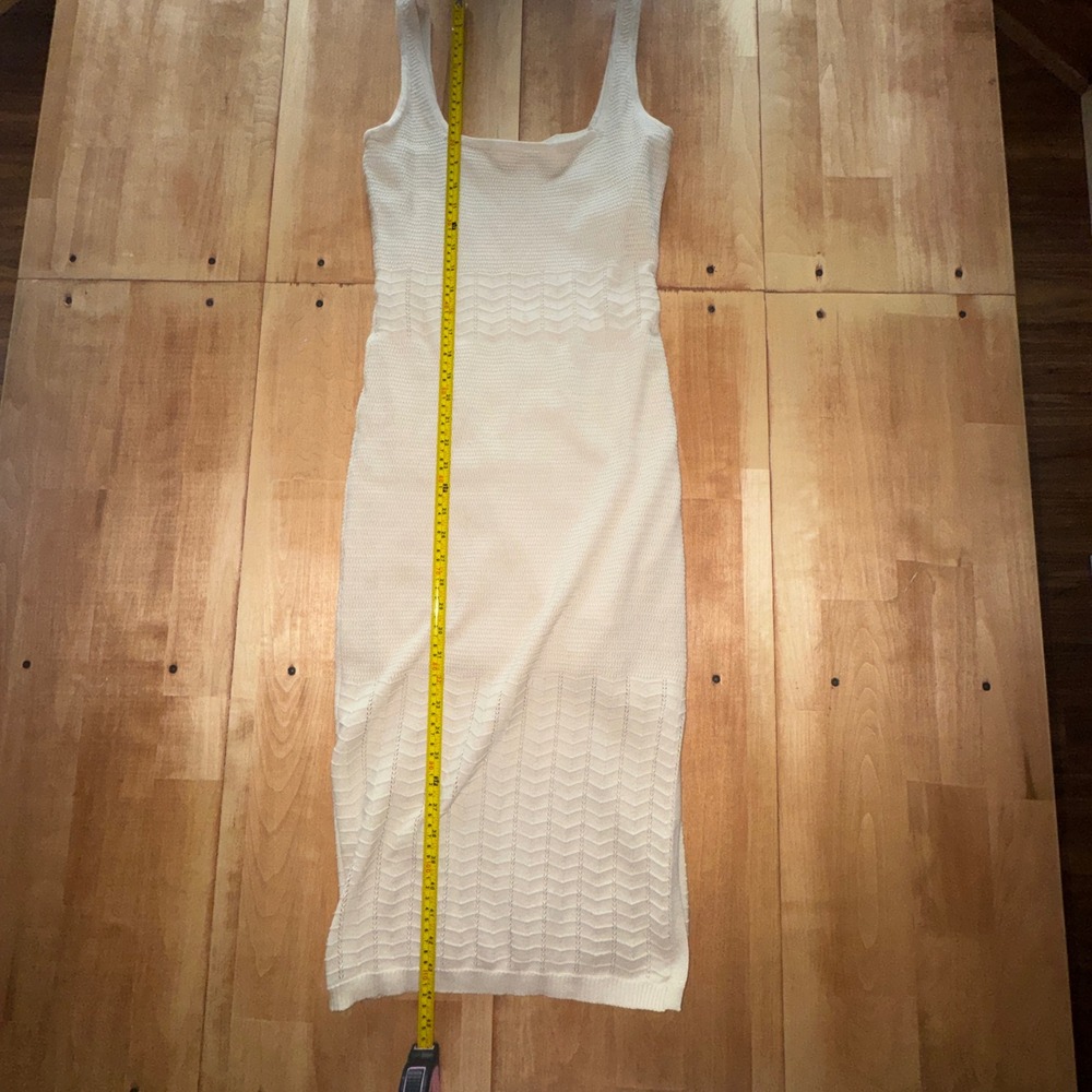 Just Found Cream Cotton Knit Midi Dress Square Neck Chevron Pointelle Medium NWT
